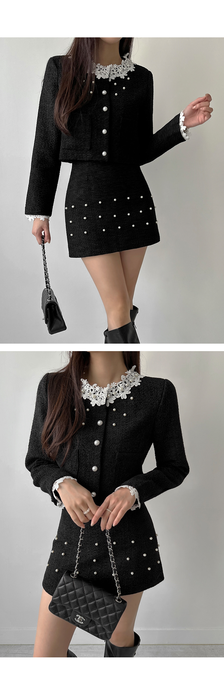 オケージョン】[2ピース]パールレースツイードジャケット＆スカート
