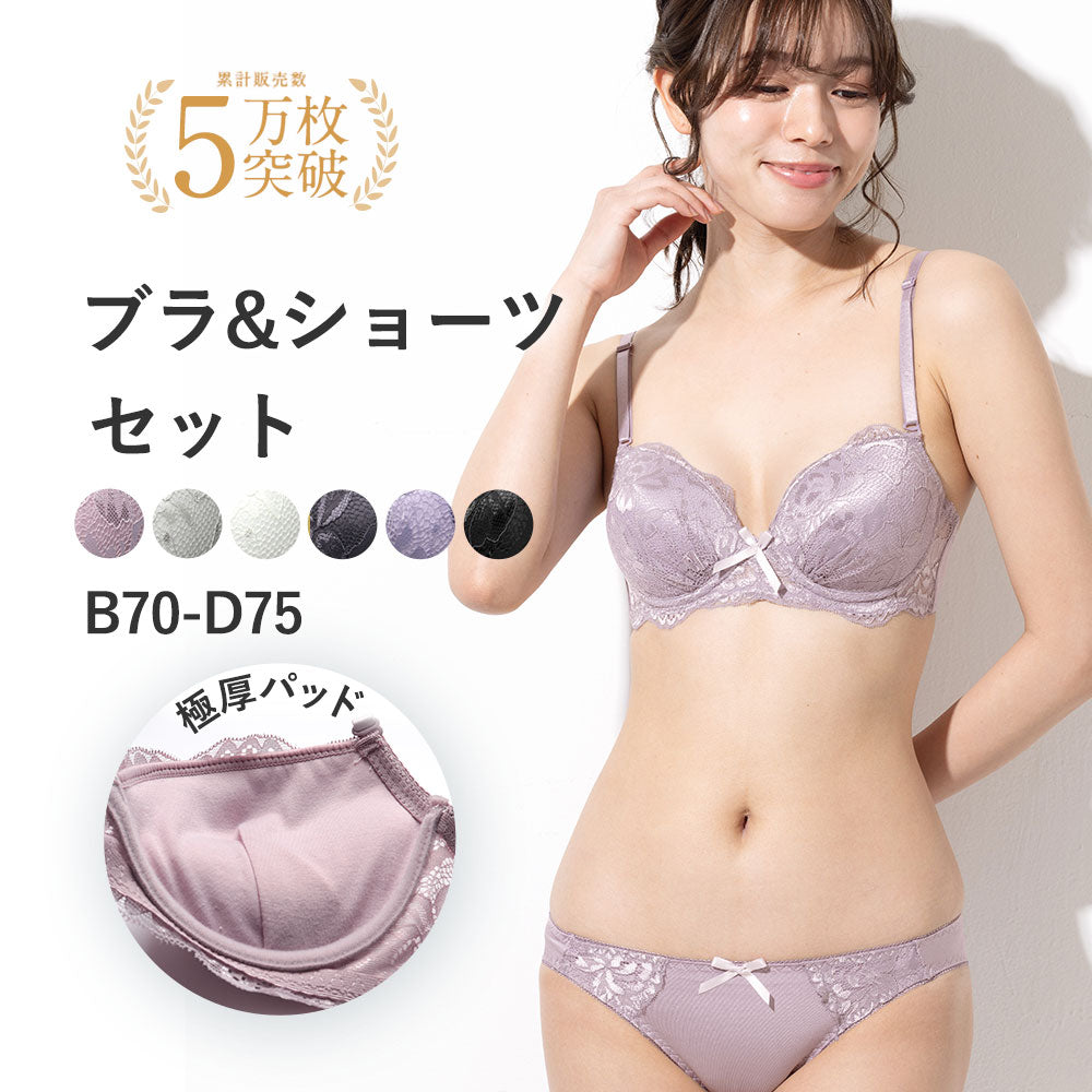 ブラジャーショーツセット-極厚パッド×上品な艶感の総レースカップ(B70