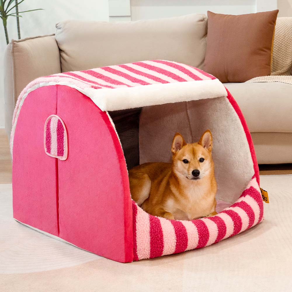 Trendy Striped House Orthopedic Dog Bed - Cozy Hideaway - FUNNYFUZZY