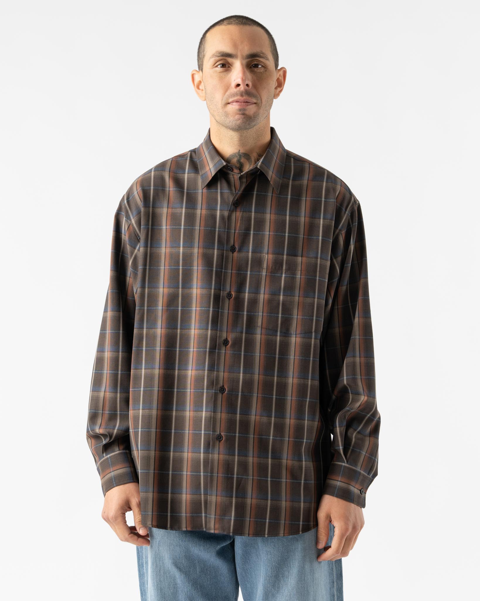 Auralee Super Light Wool Check Shirt in Dark Brown Check Curated