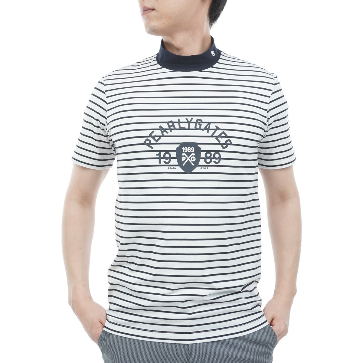 ボーダー柄 ベア鹿の子 モックネック半袖シャツ(半袖シャツ