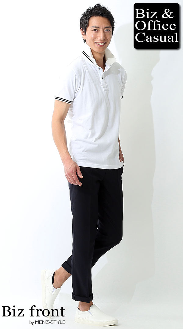 白ポロシャツ×紺スラックス×白スリッポンシューズ biz17ss_2137の