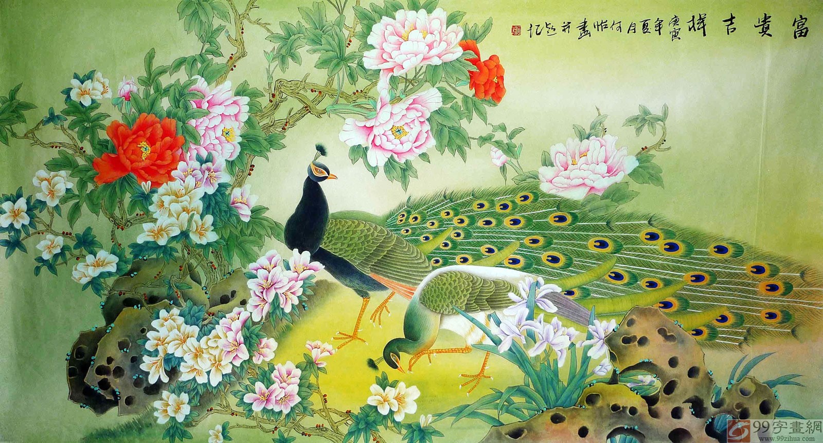 牡丹孔雀图《锦上添花》 - 牡丹画- 99字画网