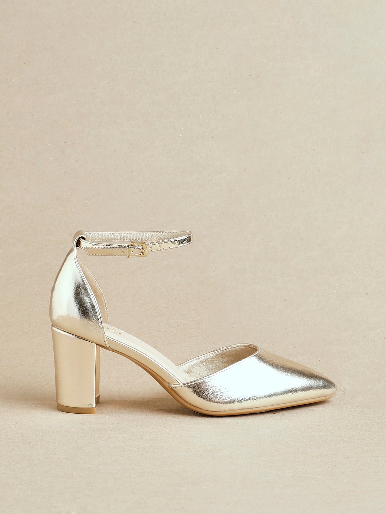 Wide Fit Gold Faux Leather Court Heel With Ankle Strap – Linzi