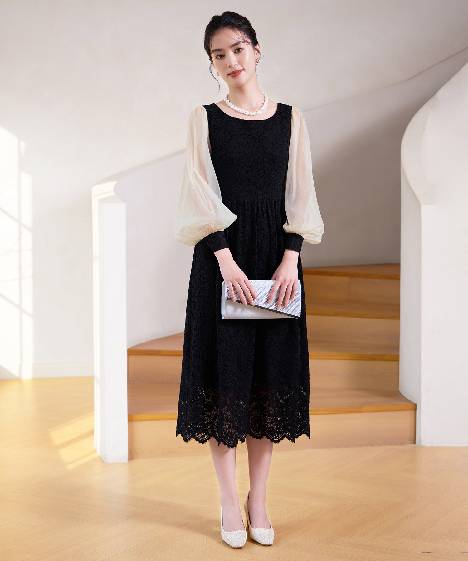 レースとシアー素材を切り替えた大人ドレスワンピースcy88620 ブラック