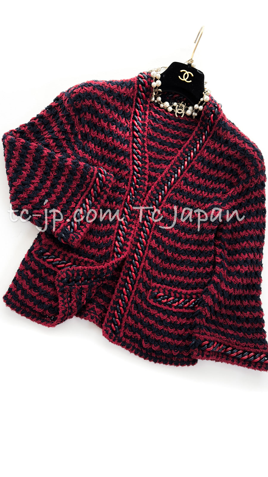 シャネル カーディガン CHANEL レッド ネイビー ストライプ チェーン