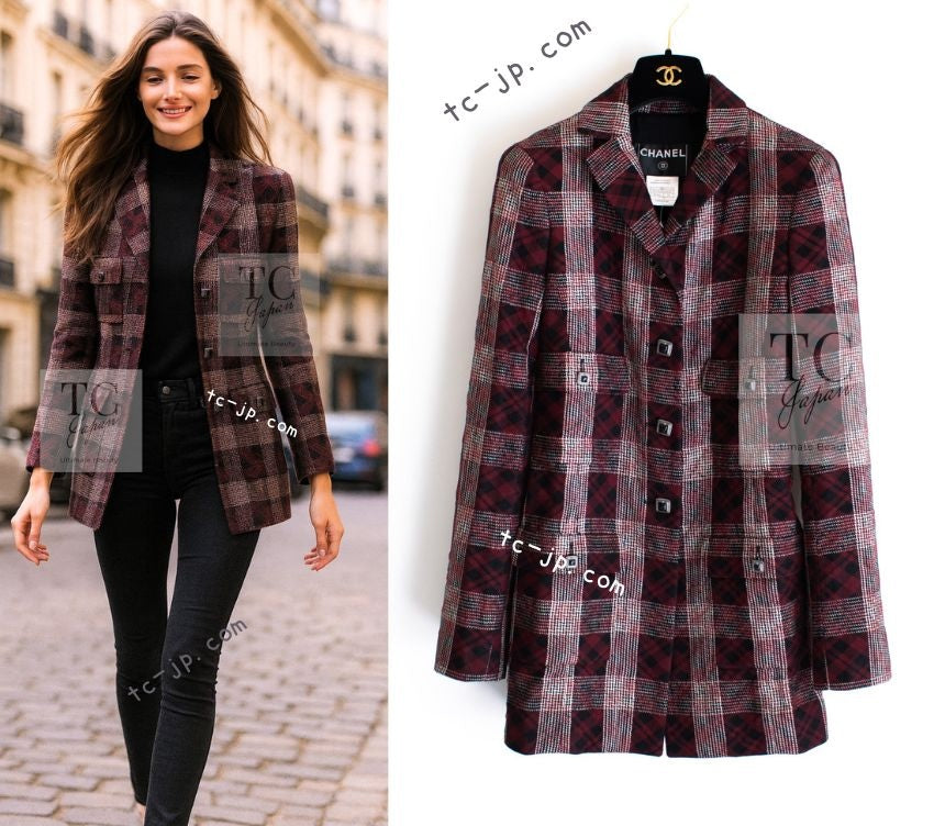 シャネル ジャケット CHANEL バーガンディ ブラック タータン チェック