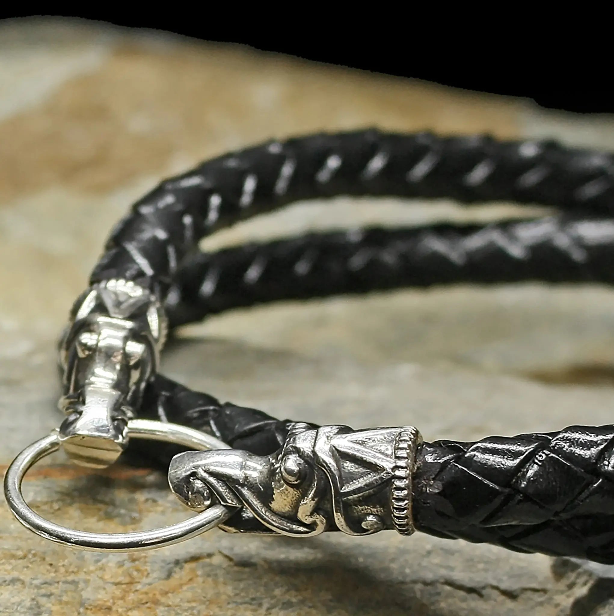 Leather Viking Necklace with Silver Gotlandic Dragon Heads