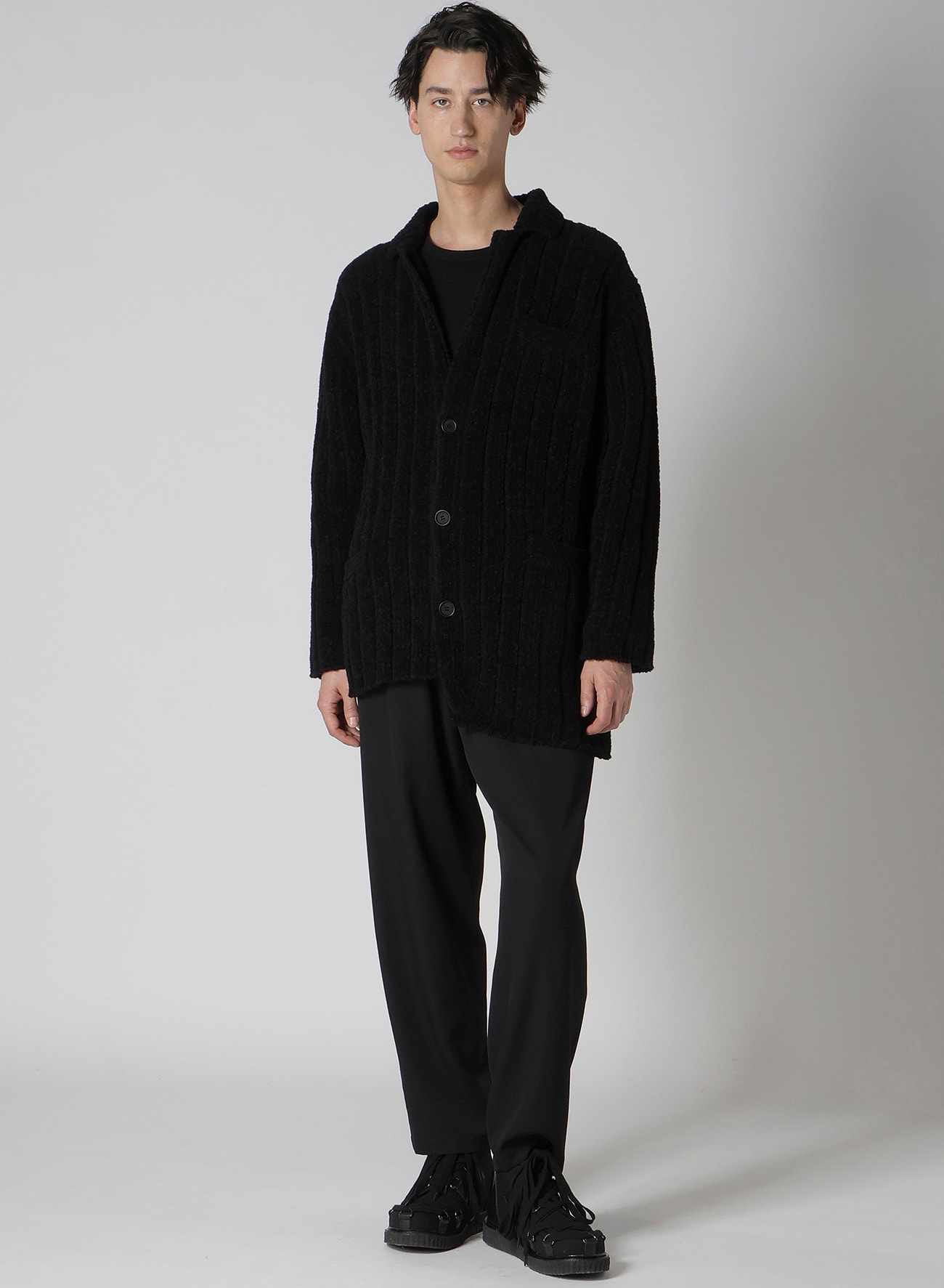 3G4 RIB 3BUTTON DRIVERS KNIT CARDIGAN(FREE SIZE Black): Soldes