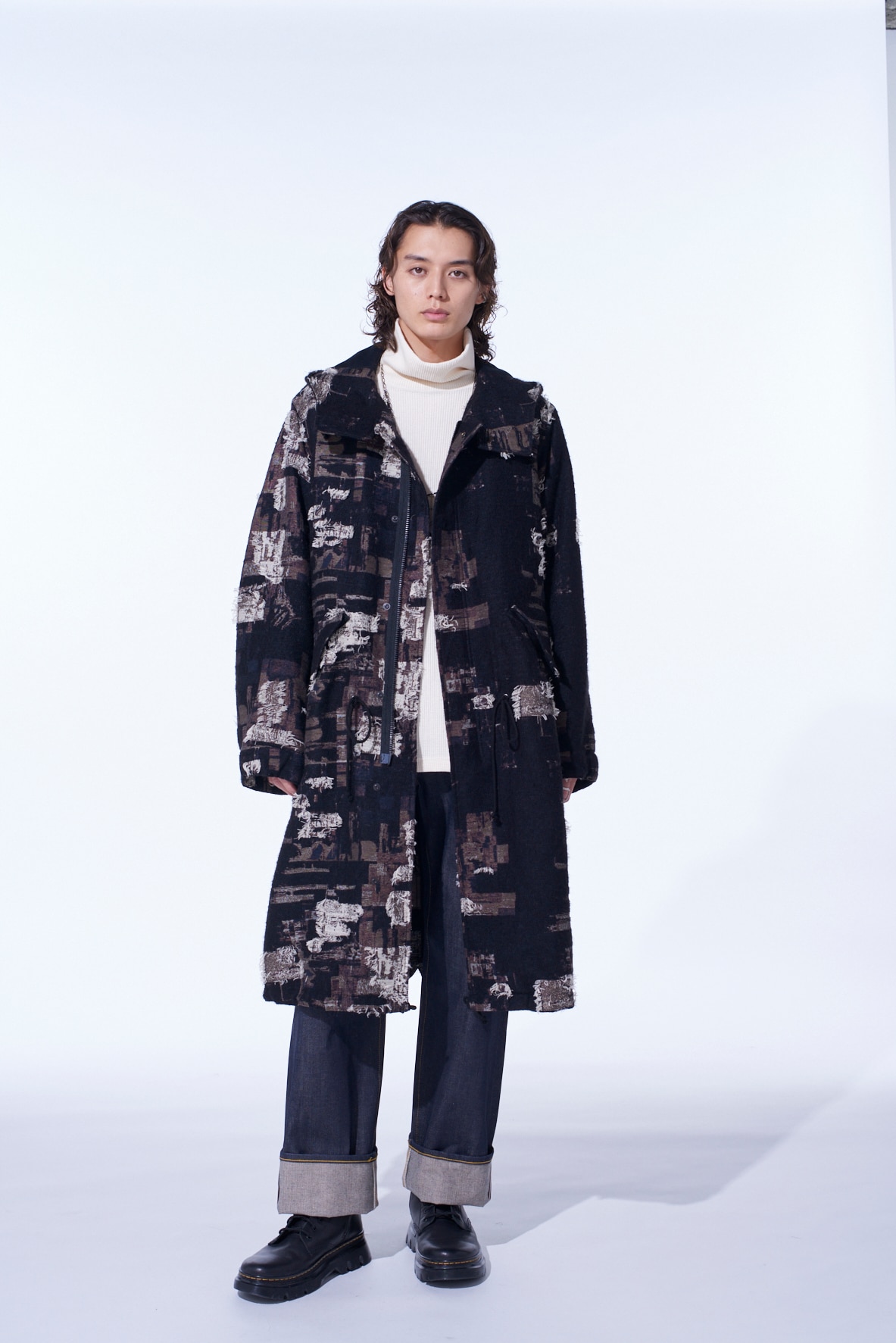 PATCHWORK CUT JACQUARD HOODED COAT(S Black): S'YTE｜THE SHOP YOHJI
