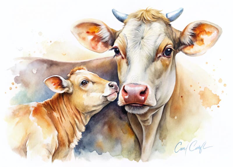 A Watercolor Painting of a Tender Cow and Calf Depicting the Deep