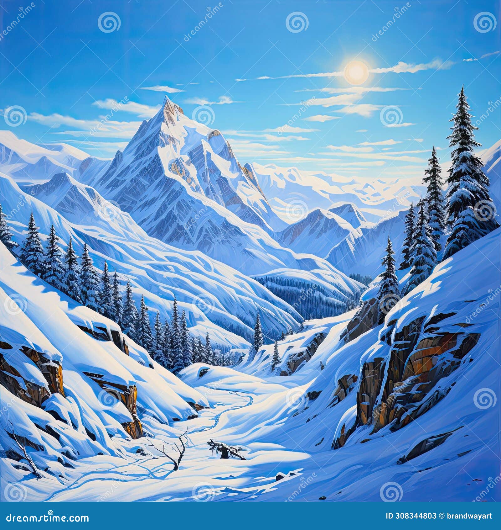 Snowy Mountain Landscape Painting Stock Illustration