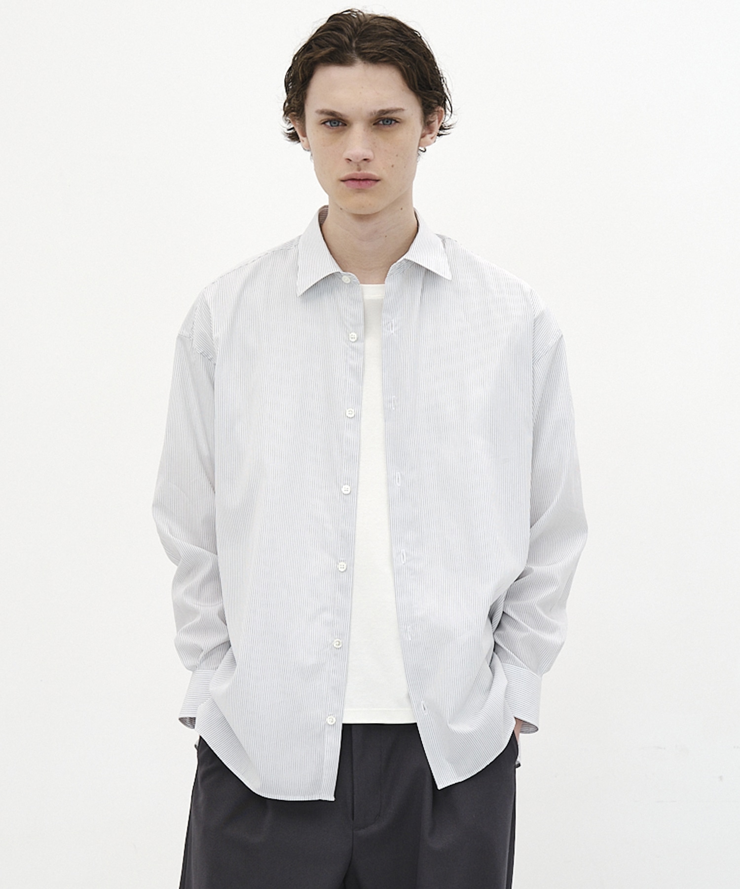 200/2 コットン ストライプリラックスシャツ(1 OFF WHITE): : メンズ