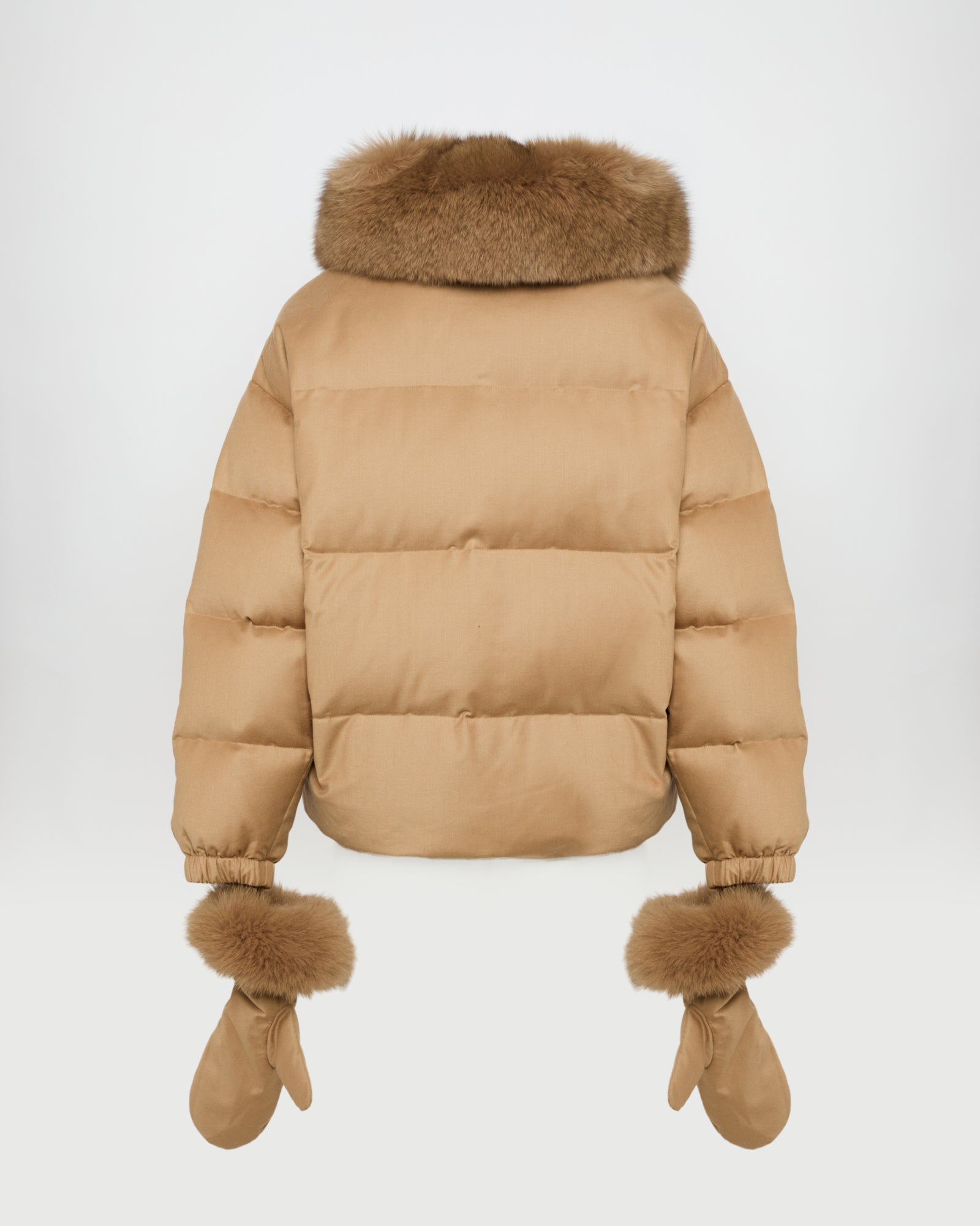 Short down jacket with detachable fox fur collar and mittens