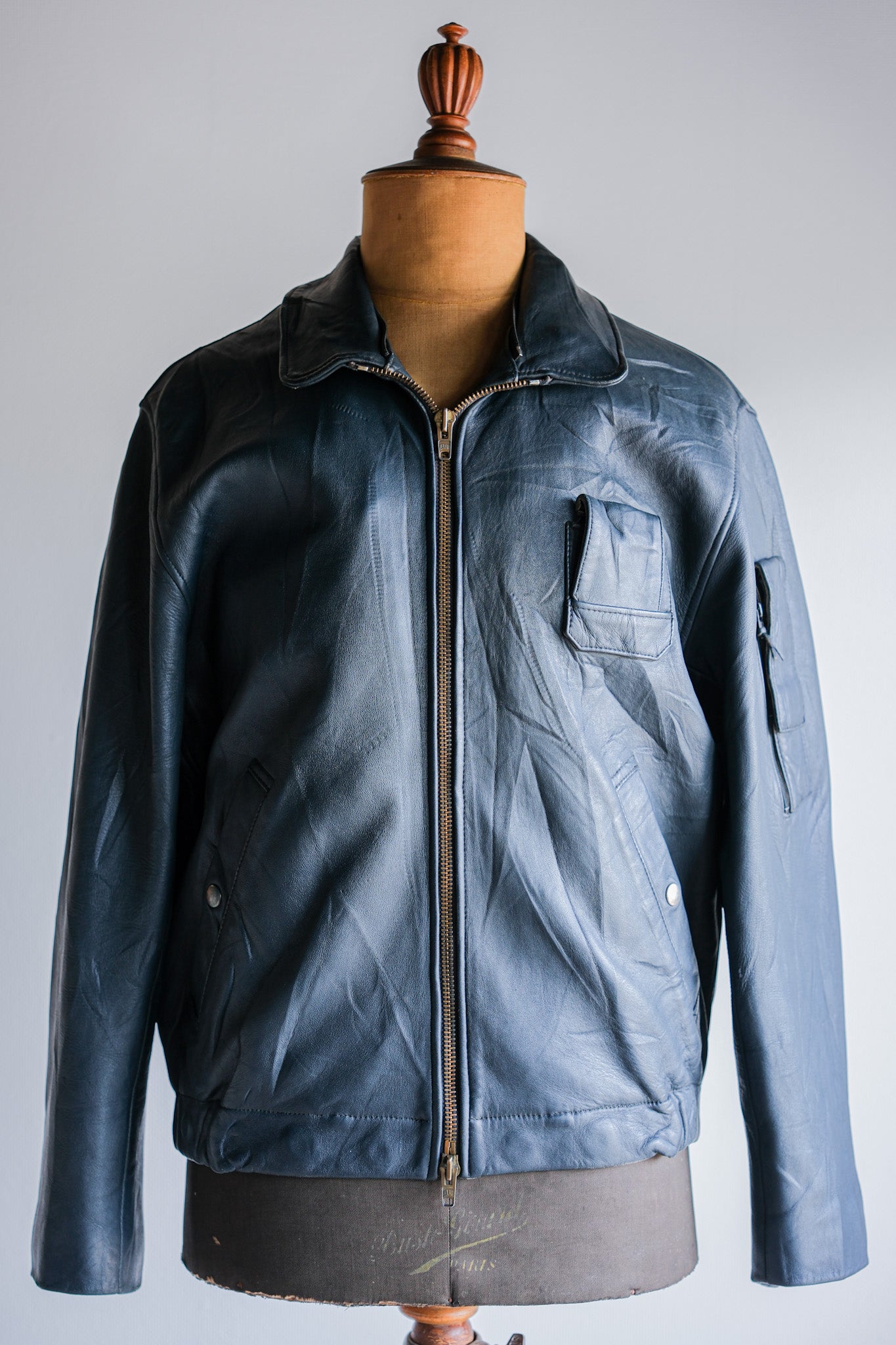 70's] French Air Force Pilot Leather Jacket with China Strap Size.9