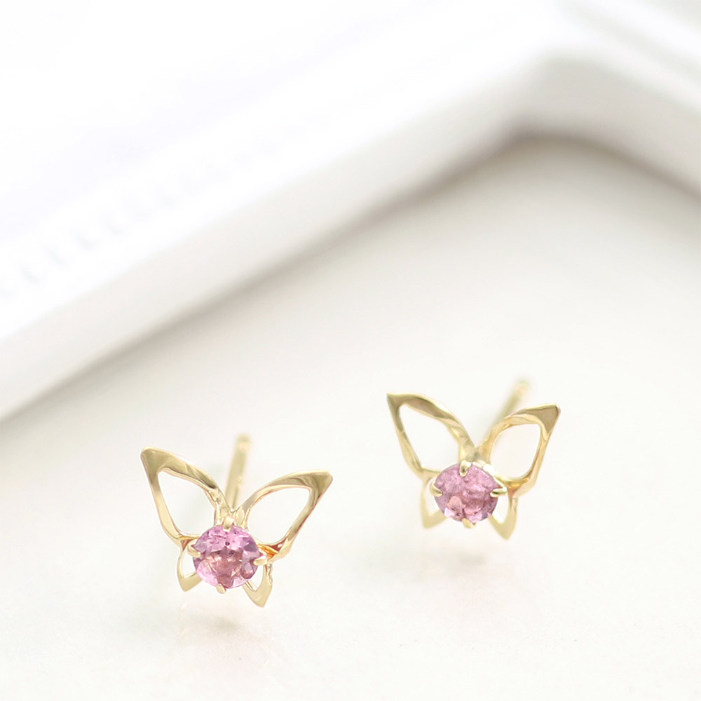 女性へのプレゼント K18YG ピンクトルマリン バタフライ ピアス 18金