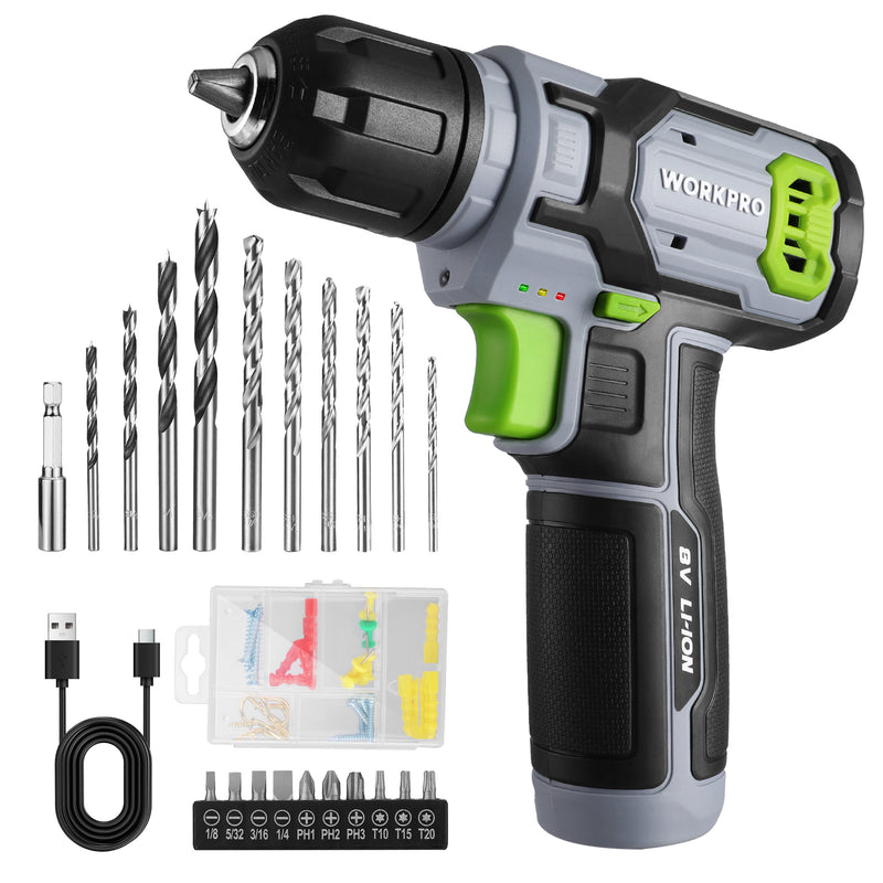 WORKPRO 8V Cordless Drill Driver Set with 53pcs Bit Set, 2.0Ah Electri
