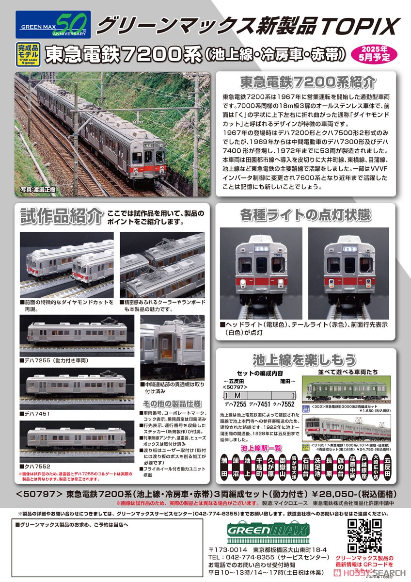 東急電鉄7200系 (池上線・冷房車・赤帯) 3両編成セット (動力付き) (3