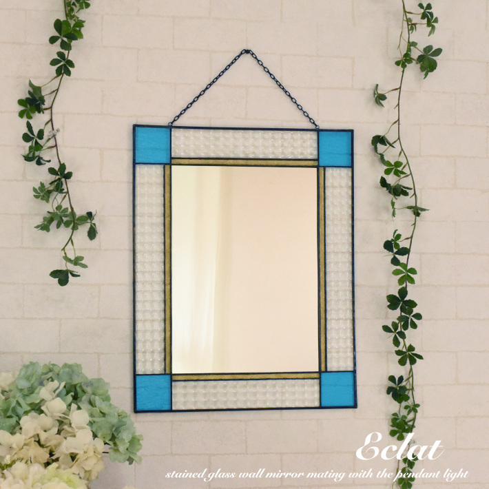 壁掛け鏡 5mm厚の面取り鏡に10個のカットジュエル ステンドグラス