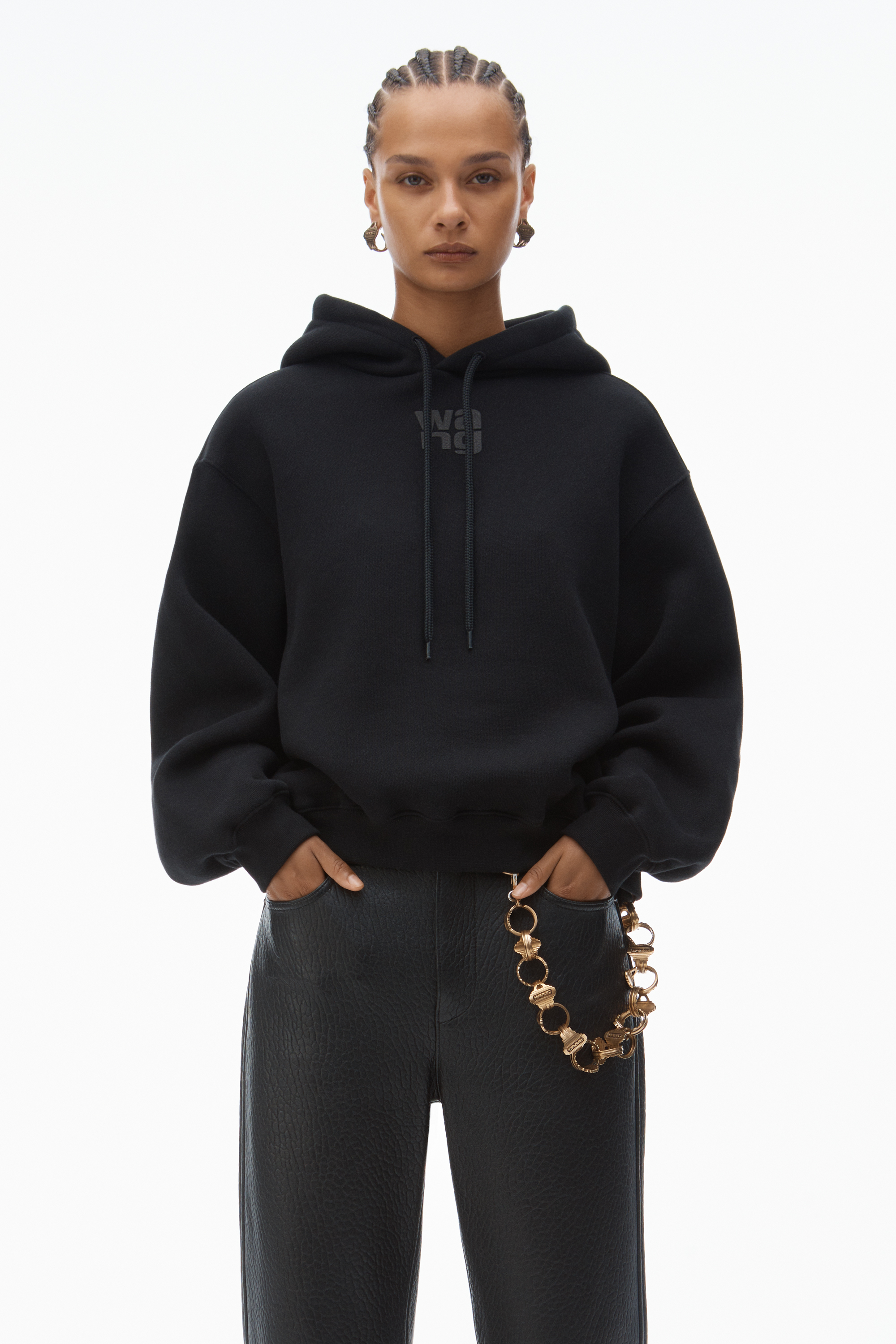 PUFF LOGO HOODIE IN STRUCTURED TERRY in BLACK | alexanderwang®