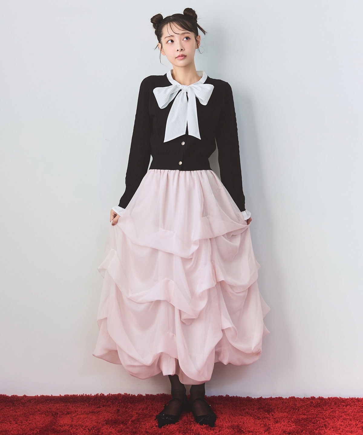 タックバルーンボリュームシフォンロングスカート(F オフホワイト