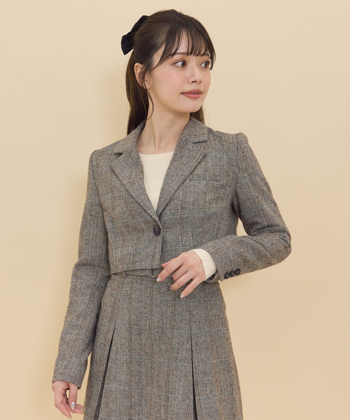 セットアップ可能】ヘリンボーンチェックテーラーショートジャケット(S