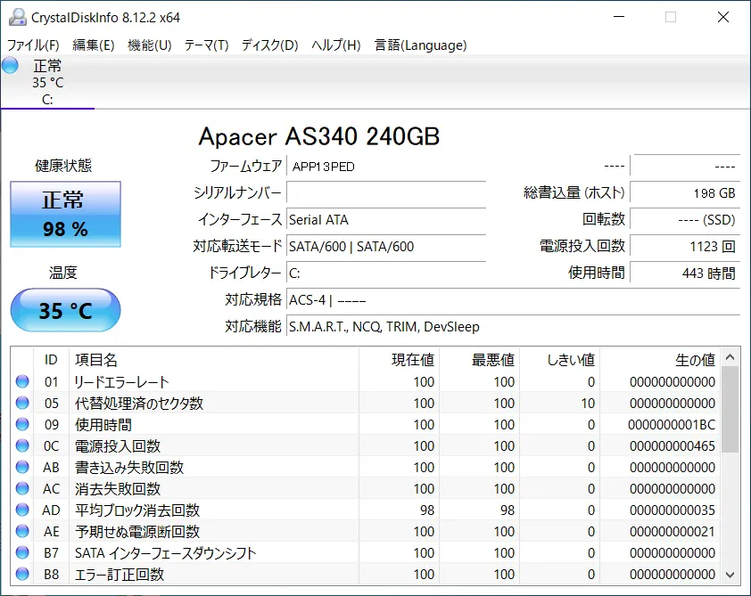 CrystalDiskInfo（クリスタルディスクインフォ）の情報の見方、使い方