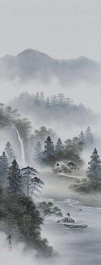 彩色山水 井上春月「尺五立」肉筆！ 山水画 - 掛け軸（掛軸）販売通販