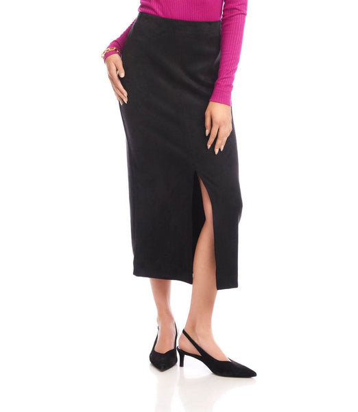 Faux Suede Front Slit Skirt - High Waist Midi for Elegant Looks