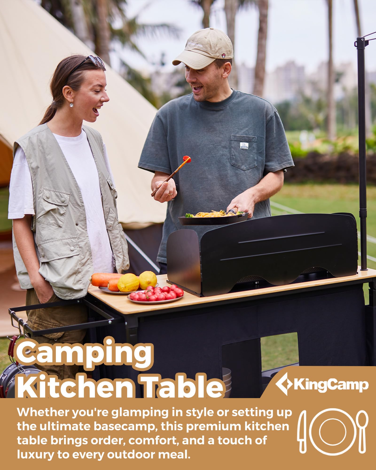 KingCamp Portable Camp Kitchen Table – Bamboo Top Grill Station with W