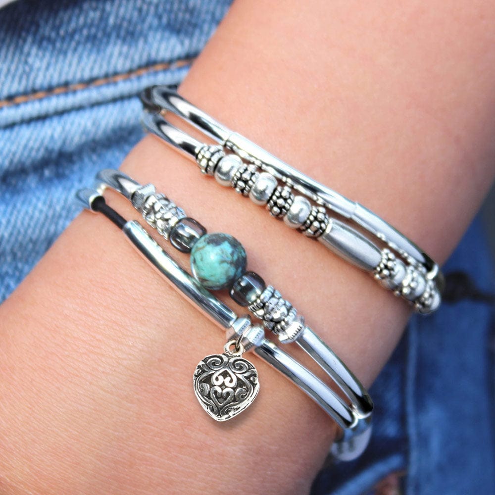 Bijou Silver Adjustable Bracelet - Black Leather for Women | Lizzy