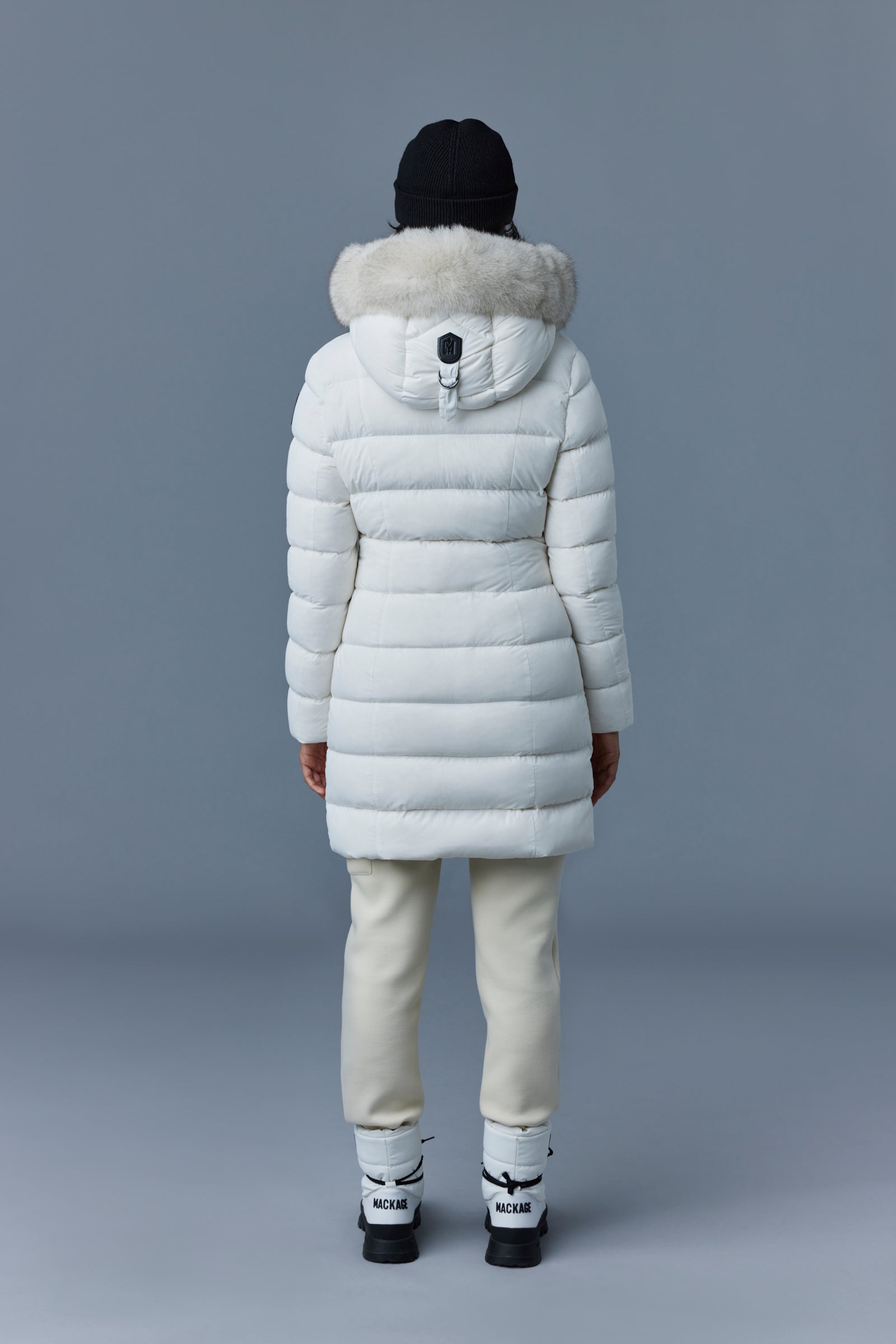 Calla, Agile-360 stretch light down coat with blue fox fur collar