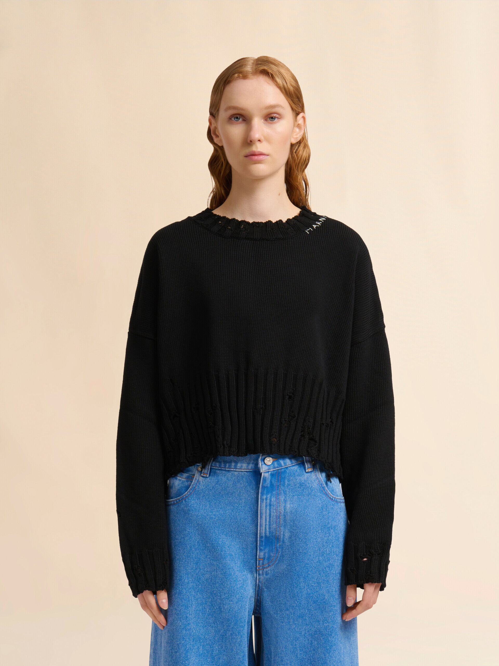 Black dishevelled cotton cropped jumper | Marni