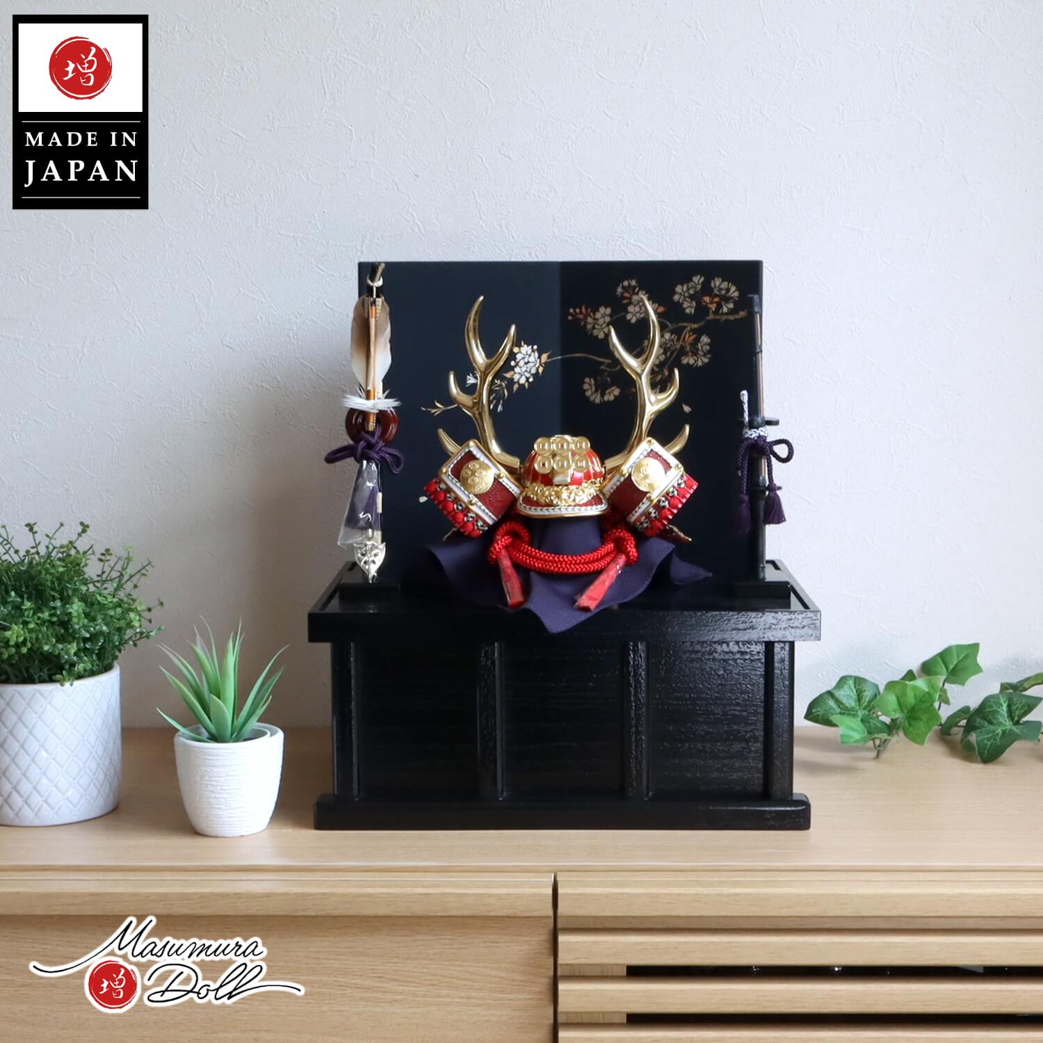 新作 京製 手描き桜 夜桜 屏風 真田幸村 六文銭 赤糸 兜 国産 黒木目塗