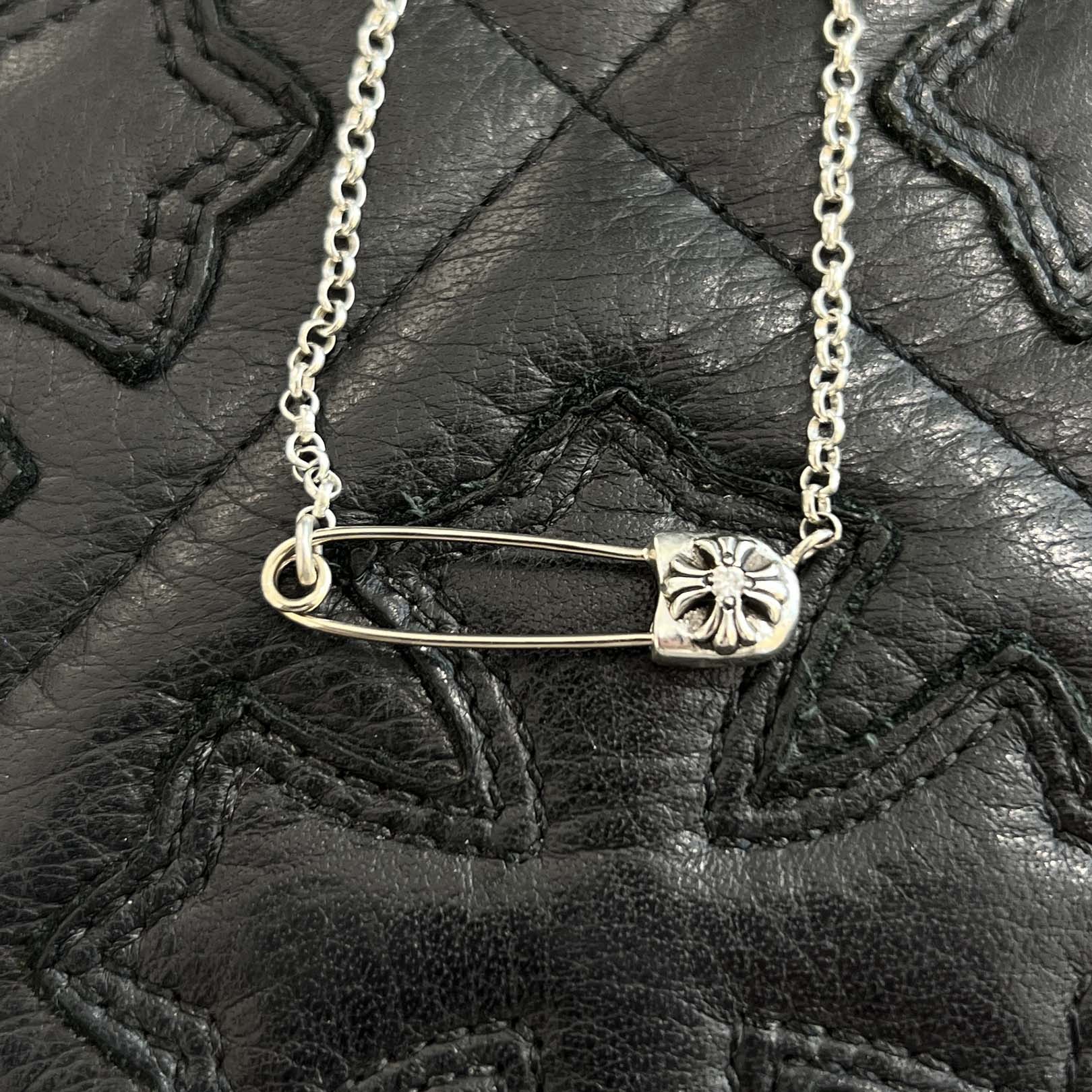 CHROME HEARTS Safety Pin 1 Diamond Roll Chain Necklace Size 18Inch