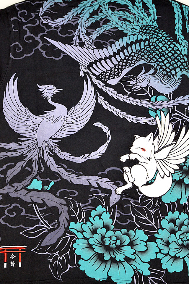 鳳凰狐半袖Tシャツ 今昔 KJ-26018 和柄 和風 きつね キツネ 牡丹 ユニ