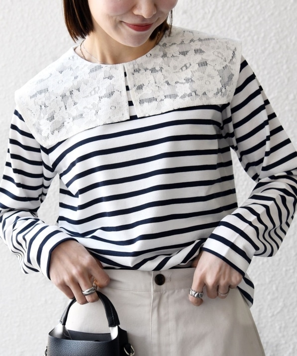 予約》SHIPS any:〈洗濯機可能〉マリンボーダー レース 襟 プル