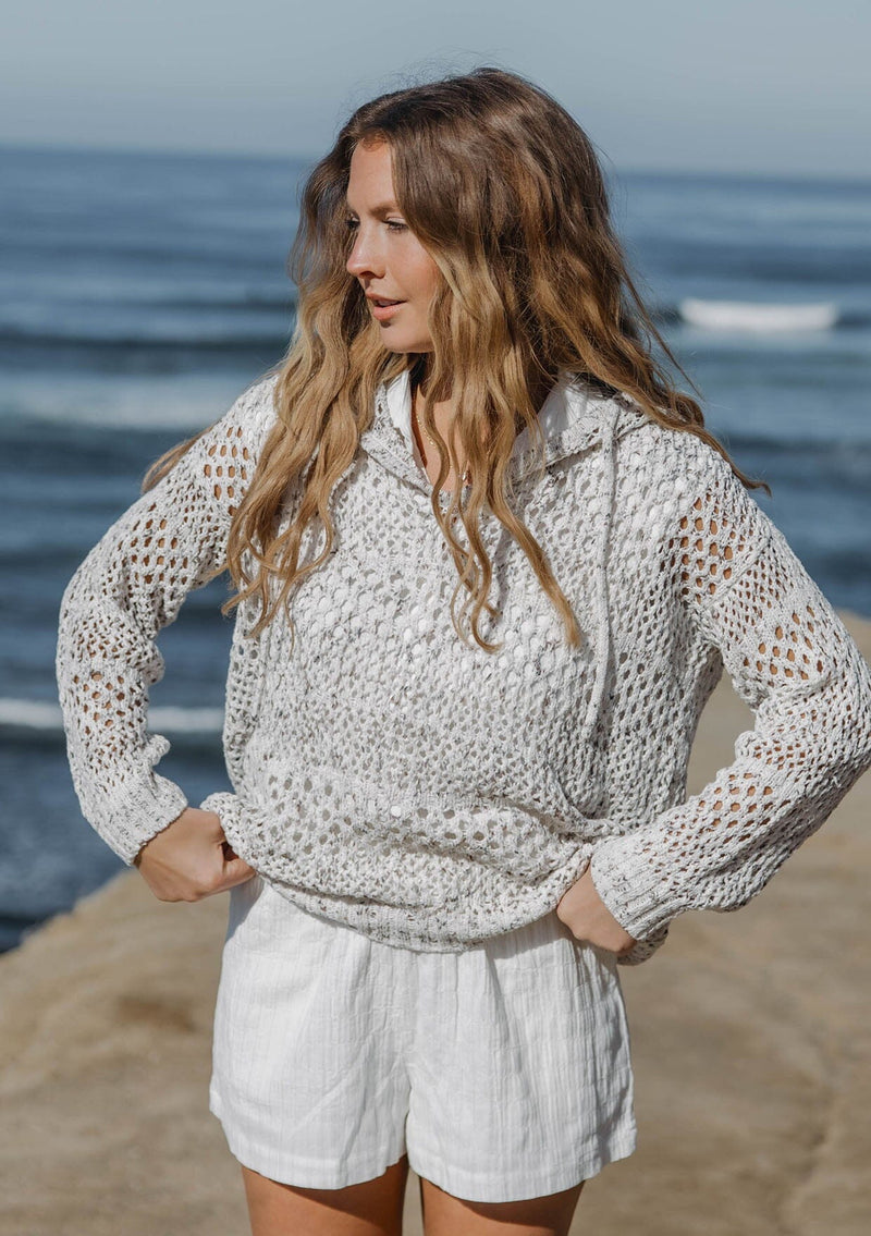 Women's Speckled Knit Ivory Crochet Hoodie | LOVESTITCH