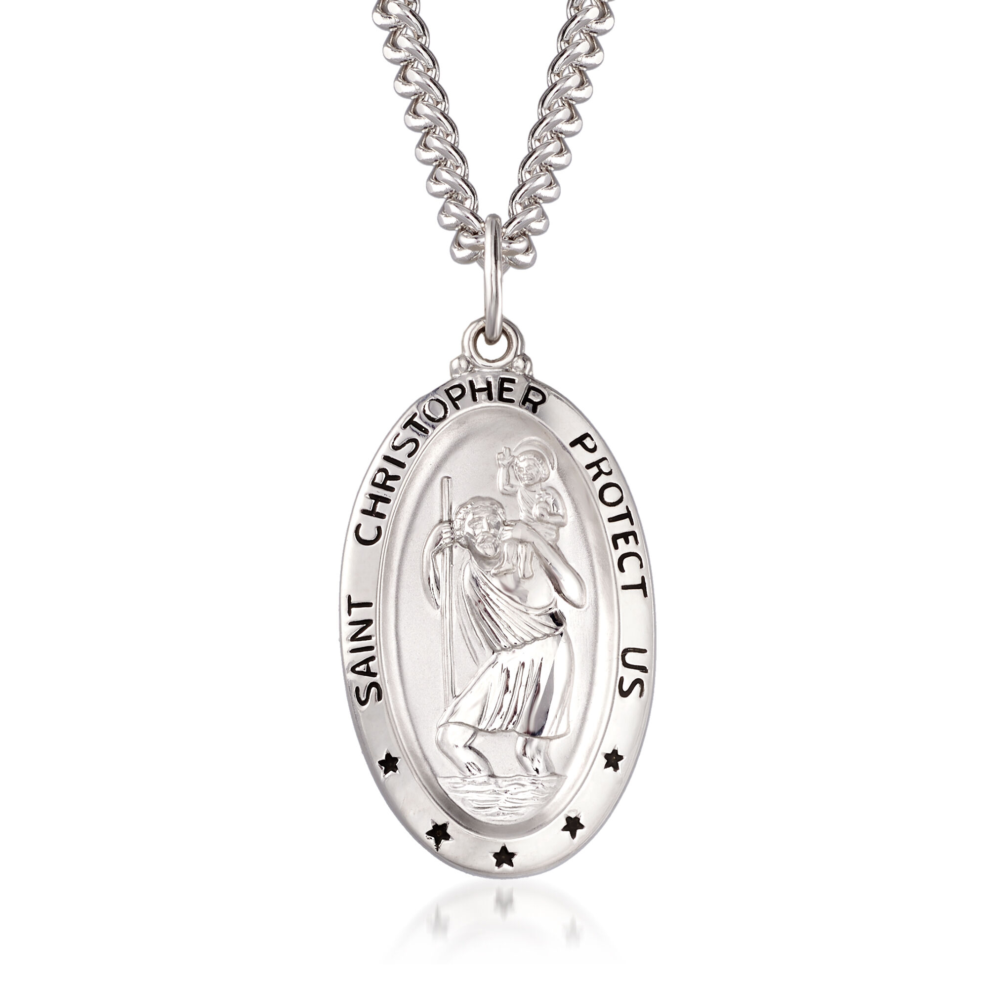 Men's Sterling Silver Saint Christopher Oval Medal with Stainless