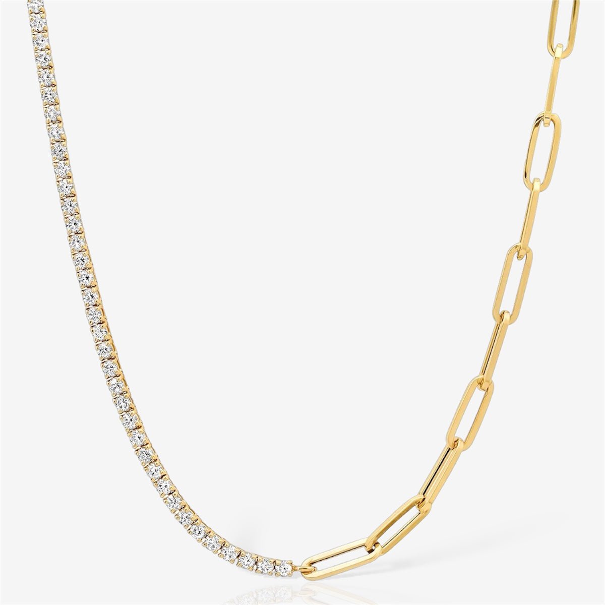 Half Lab-Grown Diamond Half Paperclip Tennis Necklace 14kt Yellow