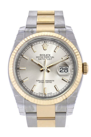 Rolex 116233 Datejust 36 Silver Dial Gold Fluted Oyster WatchGuyNYC
