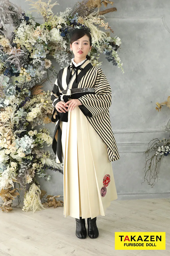 アンティーク調レトロ 黒/白 ストライプ 片身代わり アシンメトリー