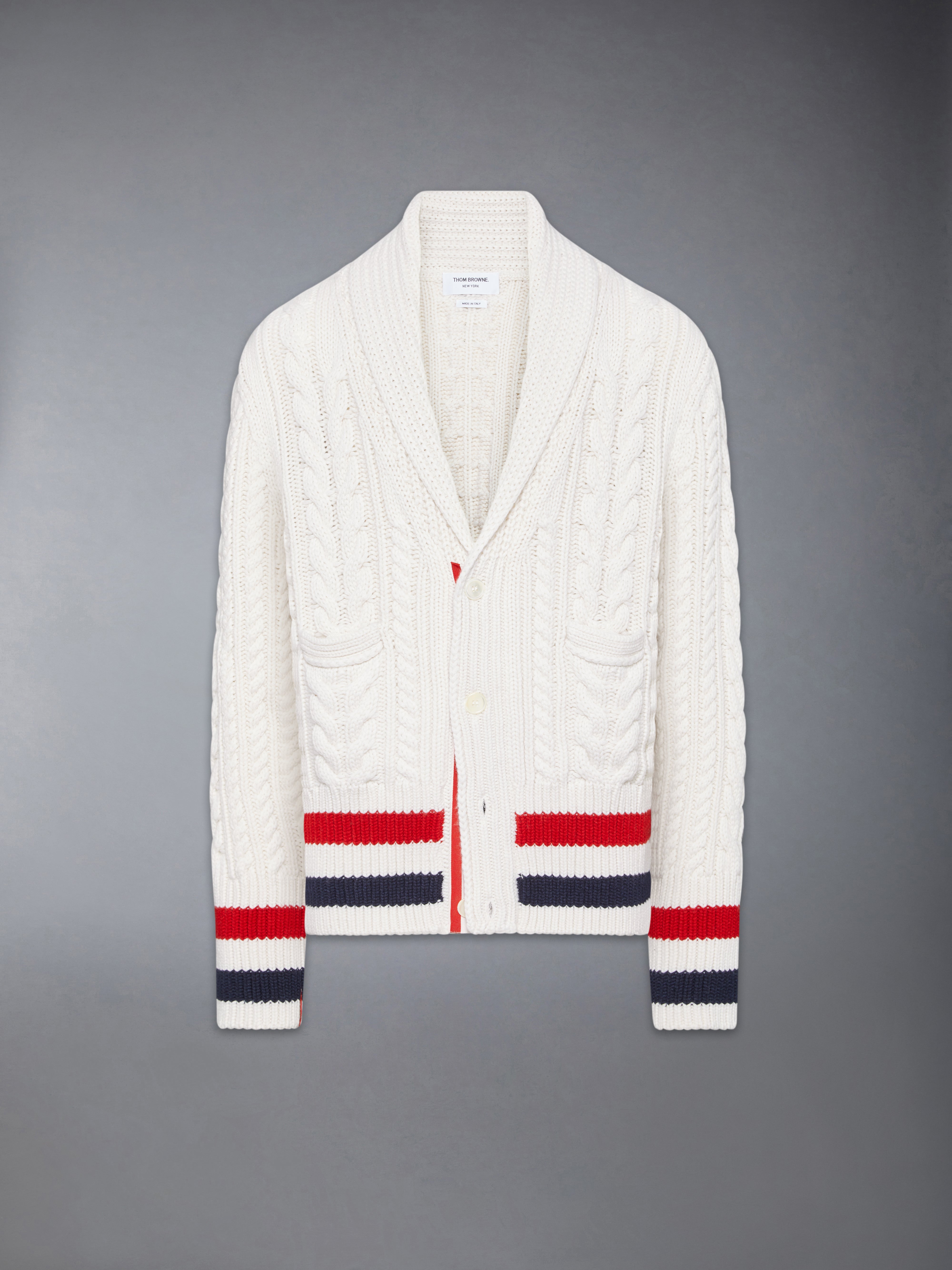 Aran Cable Cashmere Rwb Stripe Cardigan | Thom Browne