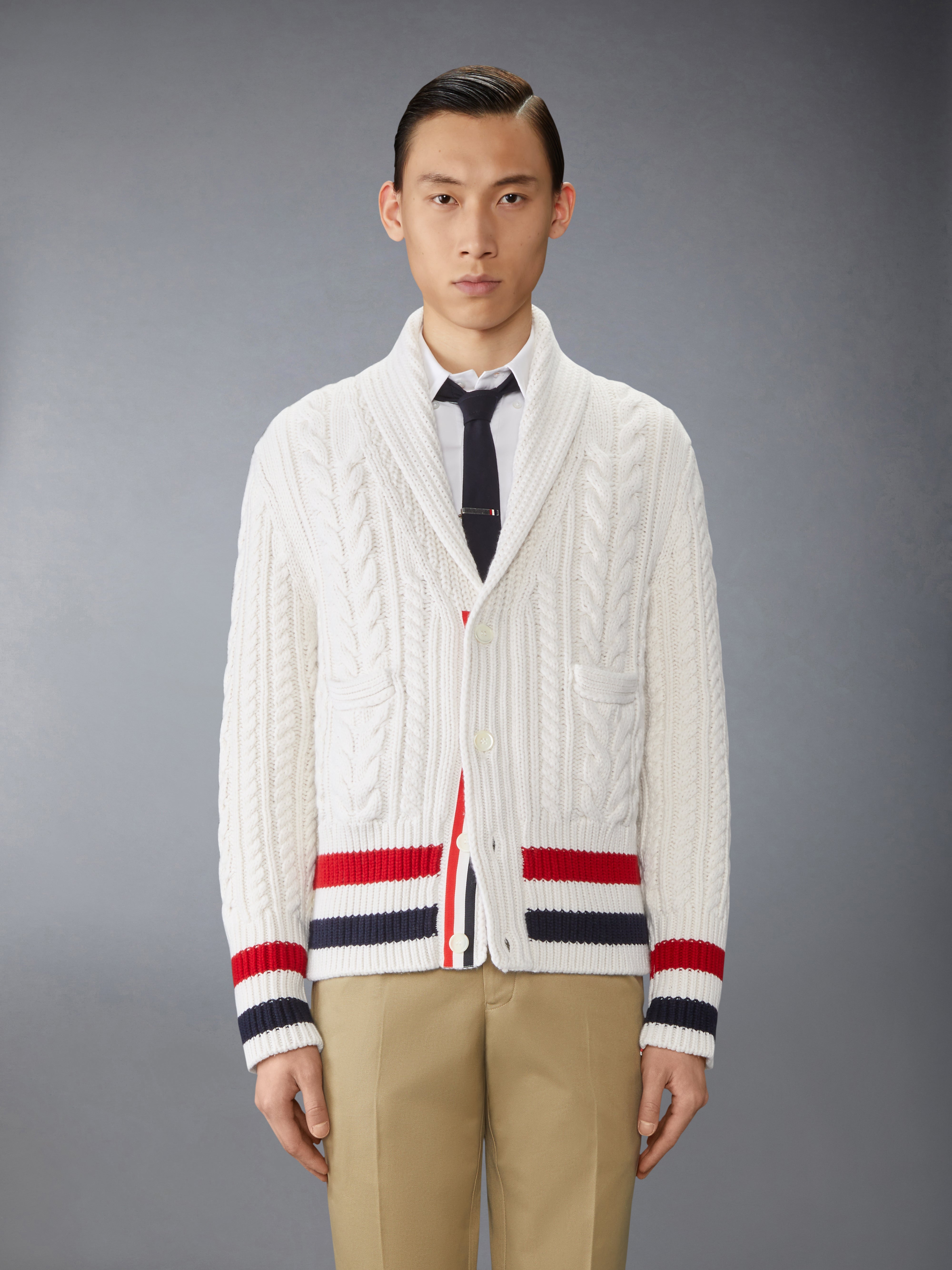 Aran Cable Cashmere Rwb Stripe Cardigan | Thom Browne