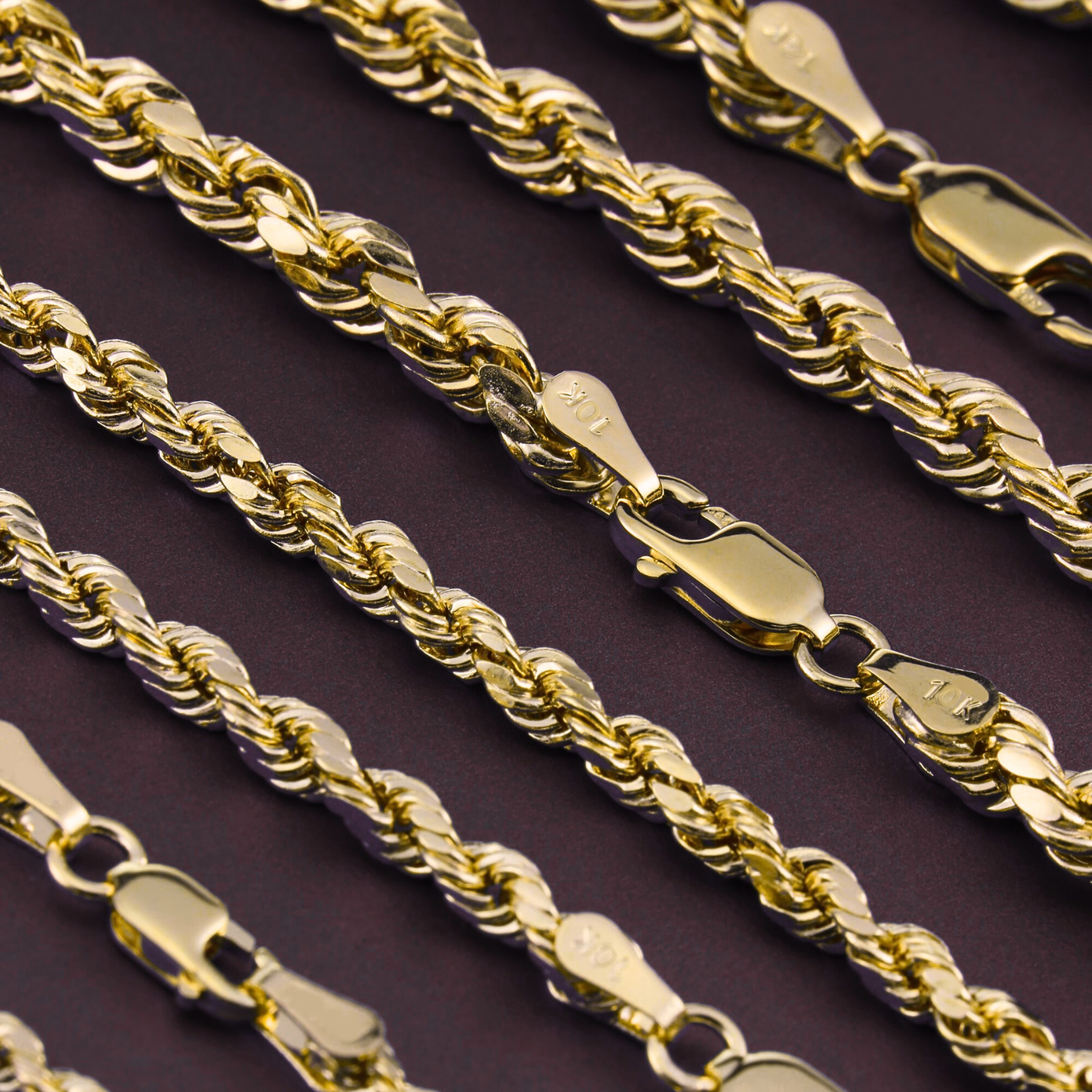 10K Yellow Gold Rope Chains, Solid 10K Gold Necklace With Secure