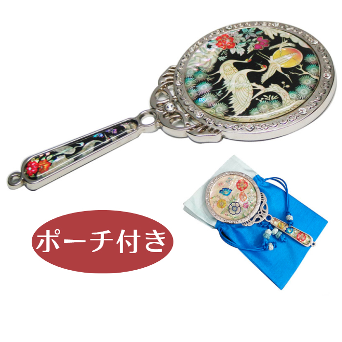 天然貝 コンパクト手鏡ミラー（鶴）シェル・螺鈿 韓国 ミラー 鏡
