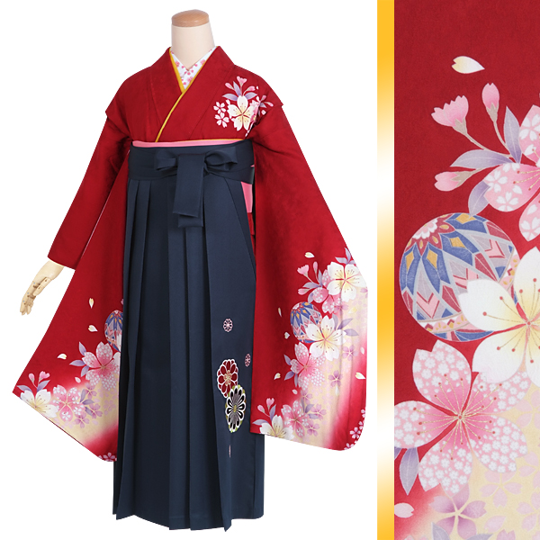 小学生袴:A032 赤 桜と手鞠☆(絹)│ 袴レンタル │ 京都着物レンタル夢館