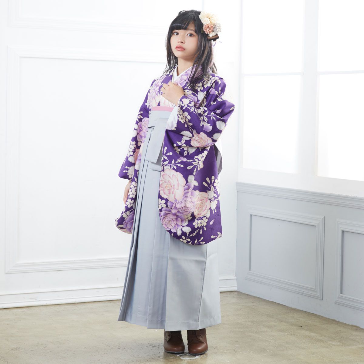 小学生袴:A139 紫 牡丹と薔薇│ 袴レンタル │ 京都着物レンタル夢館
