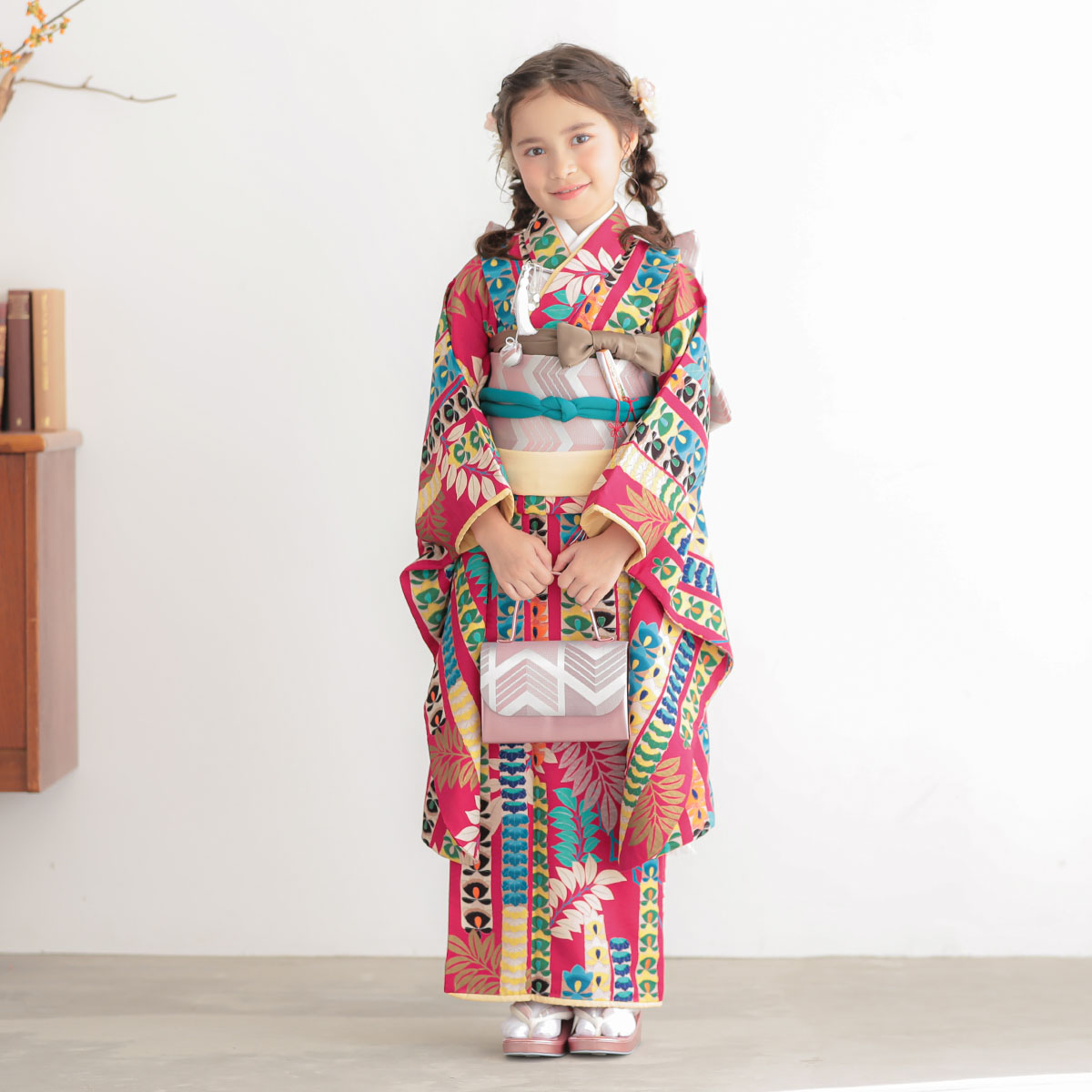 七五三七歳四つ身：N043 モダンアンテナ 濃いピンク 藤の花 | 七五三
