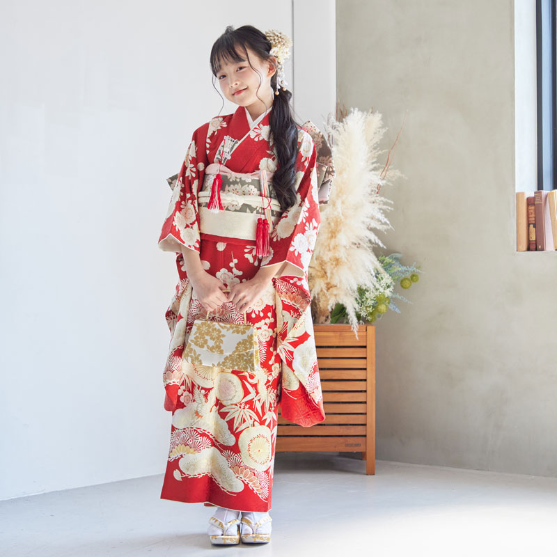 七五三 753 着物 七歳 正絹四つ身着物 夾纈絞り 日本製 新品 k4131t